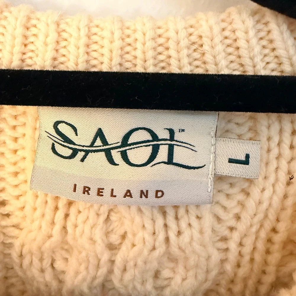 SAOL Ireland Womens 100% Merino Wool‎ Aran Cable Knit Cardigan Sweater Cream L - Picture 2 of 6